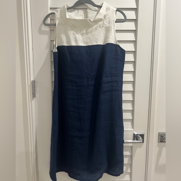 Preppy White and Navy Linen Dress with high collar and fringe detail size S - Picture 1 of 5